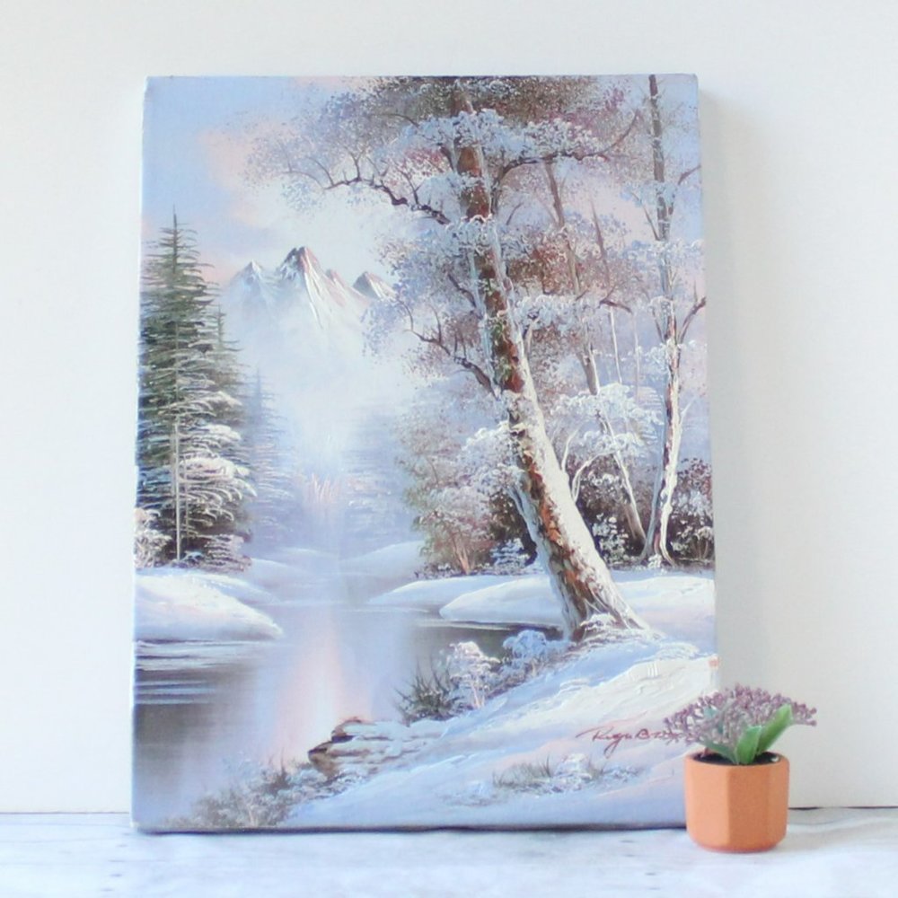 Roger Brown Original Landscape Painting Snow Trees Mountain Scene Oil on Canvas